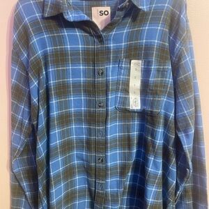 SO Women's Blue and Brown Plaid Button-Down Shirt